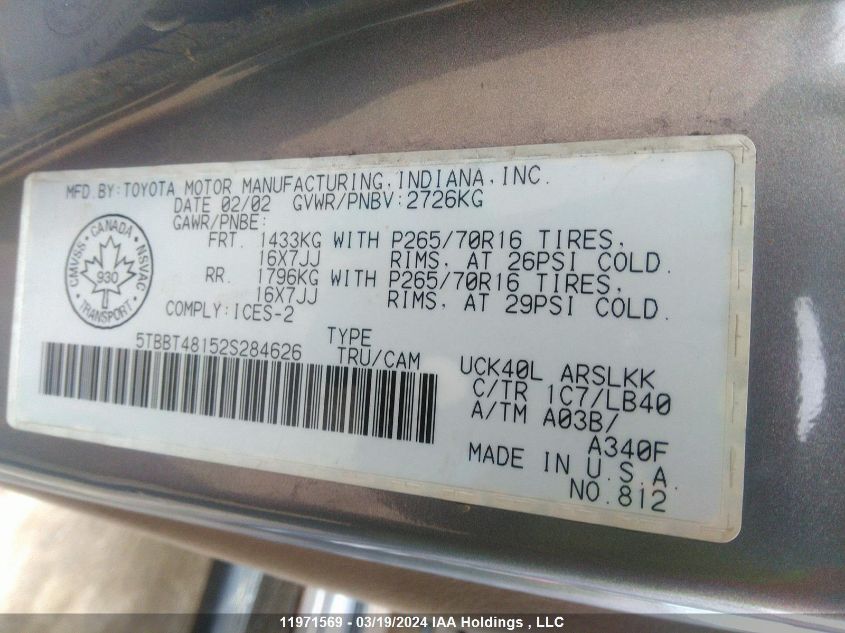 2002 Toyota Tundra Access Cab Limited VIN: 5TBBT48152S284626 Lot: 11971569