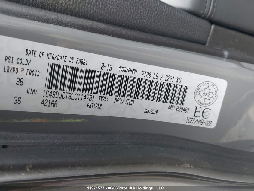 2020 Dodge Durango VIN: 1C4SDJCT3LC114781 Lot: 11971577