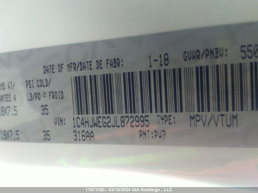 2018 Jeep Wrangler Jk Unlimited Sahara VIN: 1C4HJWEG2JL872995 Lot: 11971580