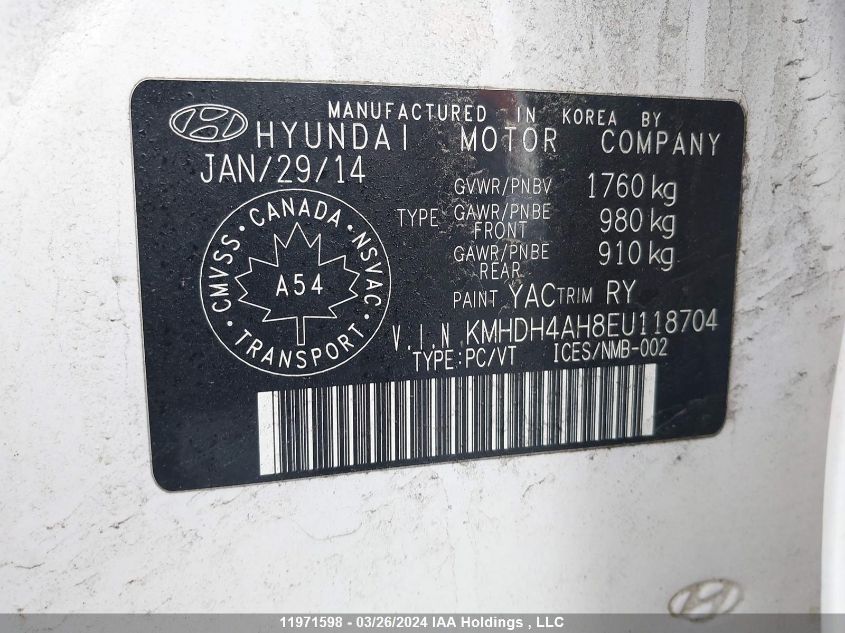 2014 Hyundai Elantra Se/Sport/Limited VIN: KMHDH4AH8EU118704 Lot: 11971598