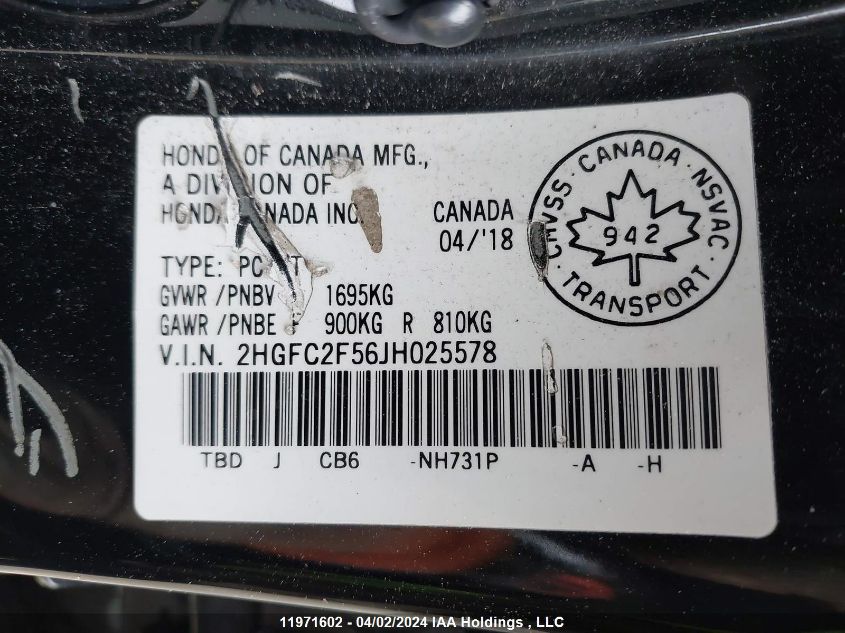 2018 Honda Civic Sedan VIN: 2HGFC2F56JH025578 Lot: 11971602