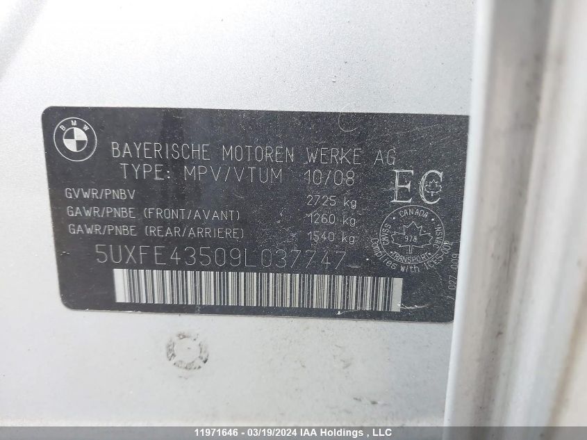 2009 BMW X5 VIN: 5UXFE43509L037747 Lot: 11971646