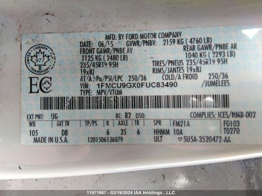 2015 Ford Escape Se VIN: 1FMCU9GX0FUC83490 Lot: 11971667