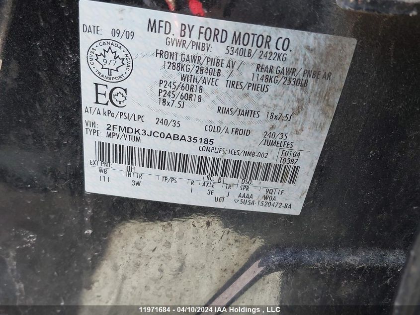 2010 Ford Edge Sel VIN: 2FMDK3JC0ABA35185 Lot: 11971684