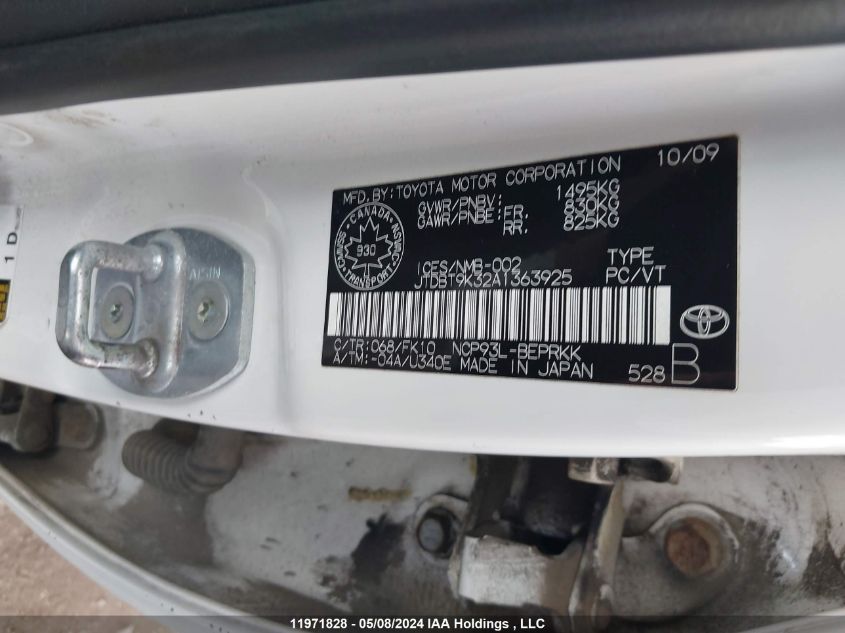 2010 Toyota Yaris VIN: JTDBT9K32A1363925 Lot: 11971828