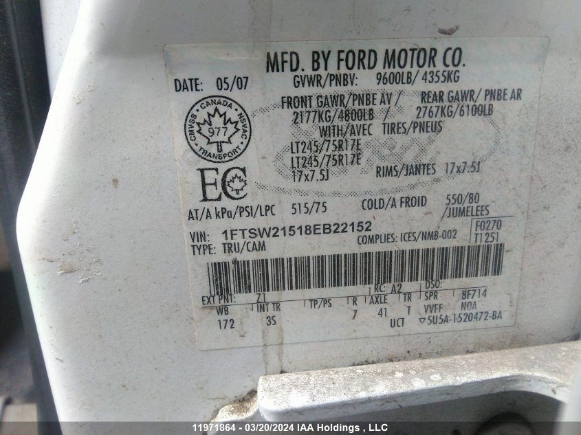 2008 Ford F250 Super Duty VIN: 1FTSW21518EB22152 Lot: 11971864