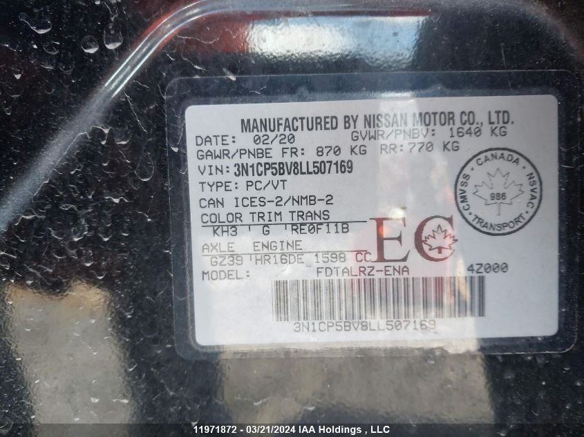 2020 Nissan Kicks VIN: 3N1CP5BV8LL507169 Lot: 11971872