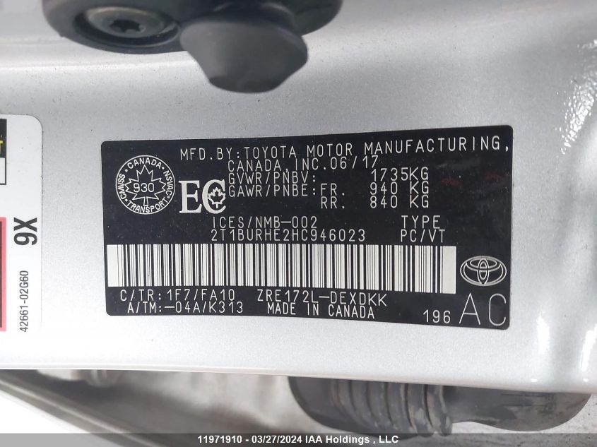 2017 Toyota Corolla Ce/Le/Se VIN: 2T1BURHE2HC946023 Lot: 11971910