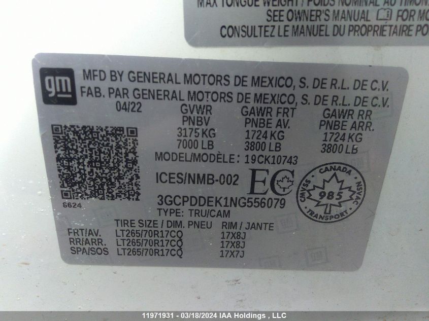 2022 Chevrolet Silverado 1500 VIN: 3GCPDDEK1NG556079 Lot: 11971931