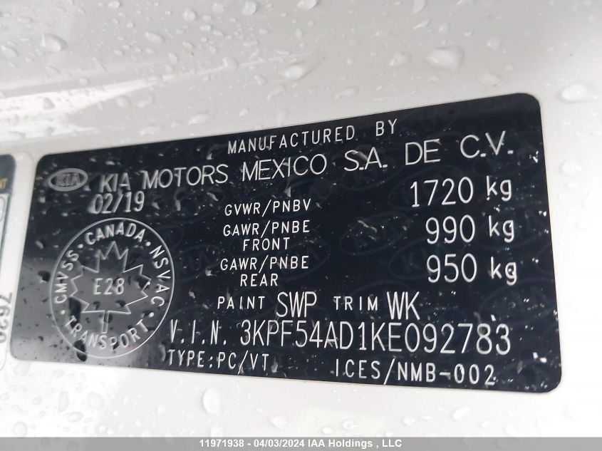 2019 Kia Forte VIN: 3KPF54AD1KE092783 Lot: 11971938