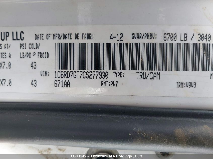 2012 Dodge Ram 1500 Slt VIN: 1C6RD7GT7CS277930 Lot: 11971942