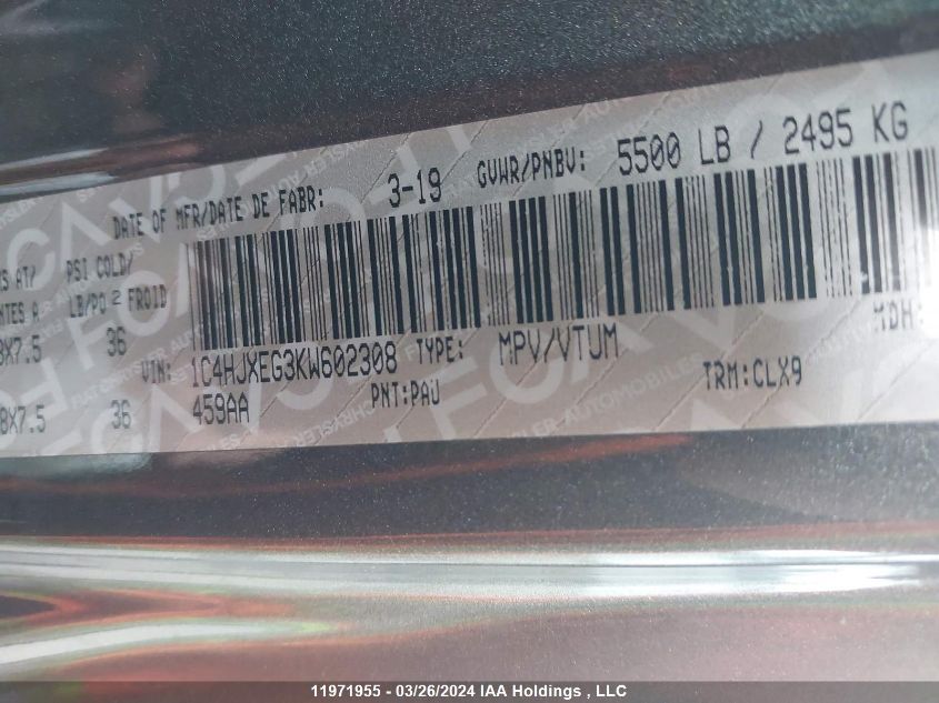 2019 Jeep Wrangler Unlimited Sahara VIN: 1C4HJXEG3KW602308 Lot: 11971955