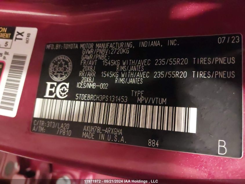 2023 Toyota Highlander Hybrid Limited/Hybrid Platinum VIN: 5TDEBRCH3PS131453 Lot: 11971972