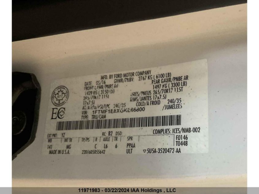 2016 Ford F150 VIN: 1FTMF1E8XGKE66800 Lot: 11971983