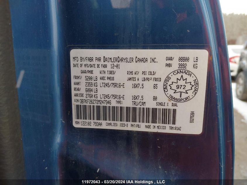 2002 Dodge Ram 2500 VIN: 3B7KF26Z72M247346 Lot: 11972043