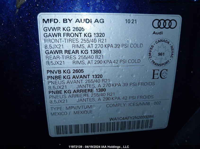 2022 Audi Sq5 VIN: WA1C4AFY2N2033284 Lot: 11972139