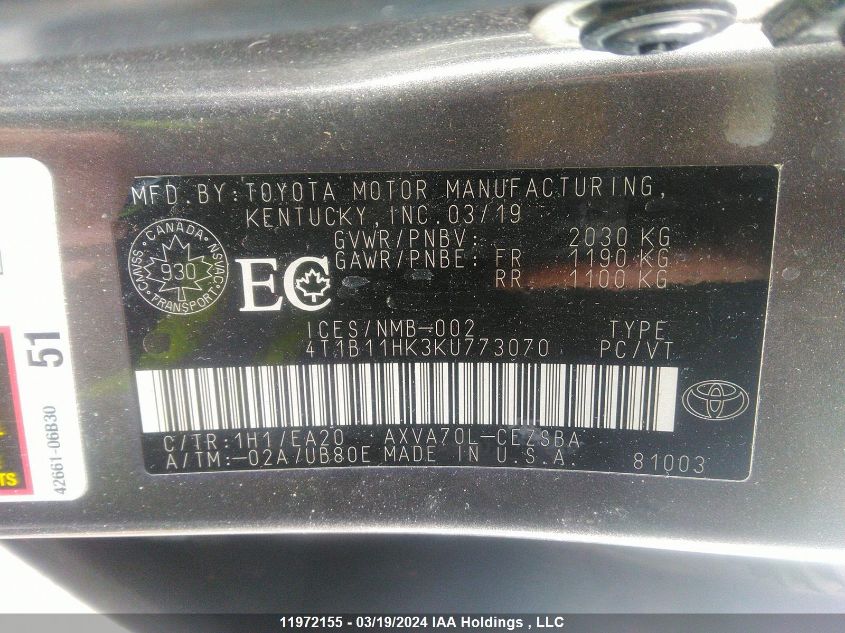 2019 Toyota Camry L/Le/Xle/Se/Xse VIN: 4T1B11HK3KU773070 Lot: 11972155