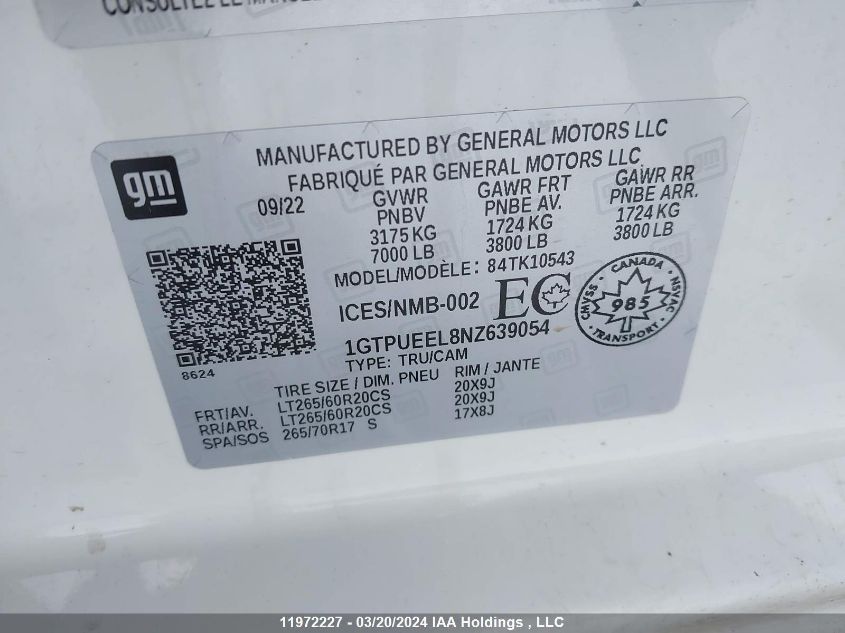 2022 GMC Sierra 1500 VIN: 1GTPUEEL8NZ639054 Lot: 11972227