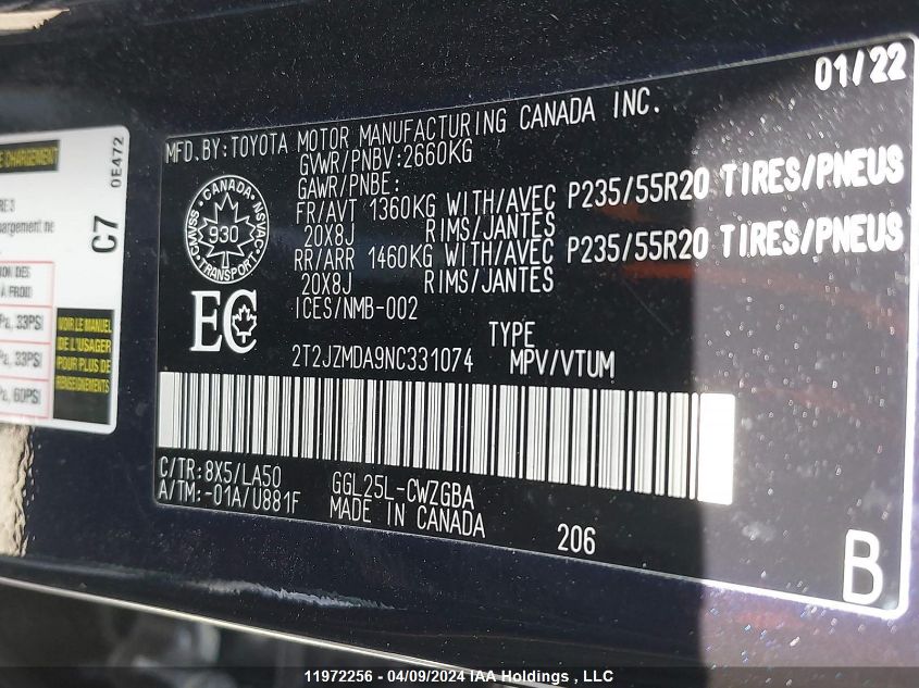 2022 Lexus Rx 350 VIN: 2T2JZMDA9NC331074 Lot: 11972256