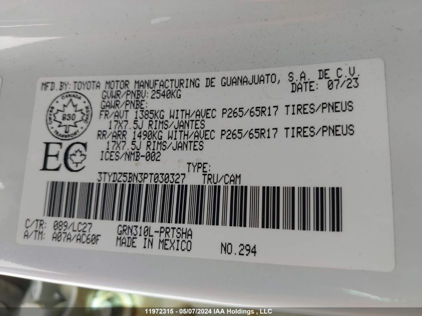 2023 Toyota Tacoma VIN: 3TYDZ5BN3PT030327 Lot: 11972315