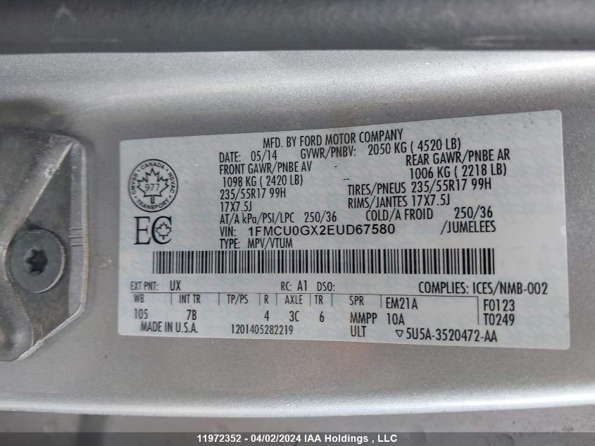 2014 Ford Escape Se VIN: 1FMCU0GX2EUD67580 Lot: 11972352