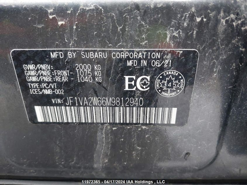2021 Subaru Wrx VIN: JF1VA2W66M9812940 Lot: 11972365