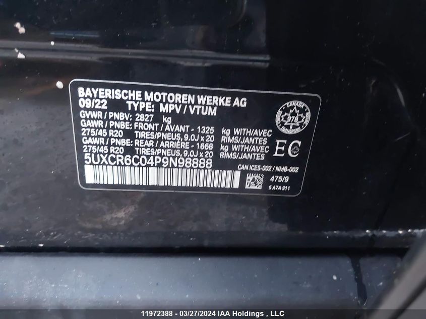 2023 BMW X5 VIN: 5UXCR6C04P9N98888 Lot: 11972388