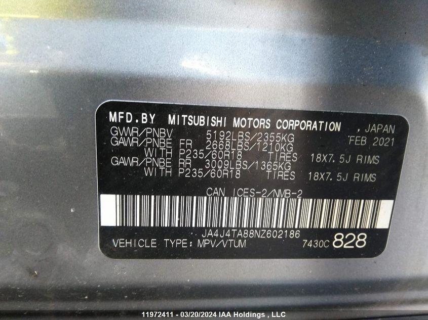2022 Mitsubishi Outlander VIN: JA4J4TA88NZ602186 Lot: 11972411