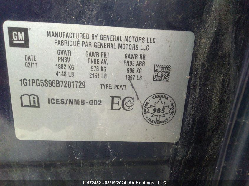 2011 Chevrolet Cruze VIN: 1G1PG5S96B7201729 Lot: 11972432