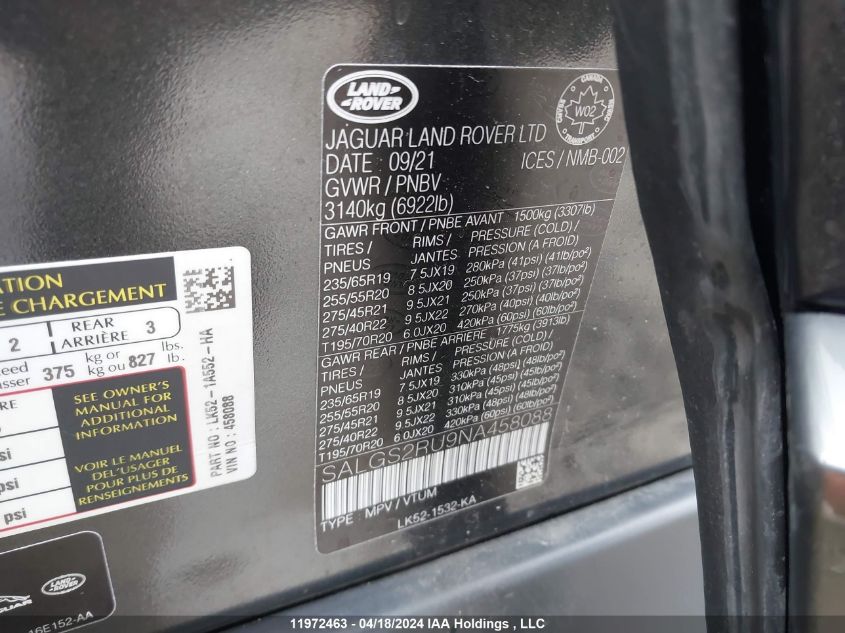 2022 Land Rover Range Rover VIN: SALGS2RU9NA458088 Lot: 11972463