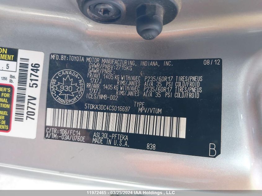 2012 Toyota Sienna Le VIN: 5TDKA3DC4CS016697 Lot: 11972465