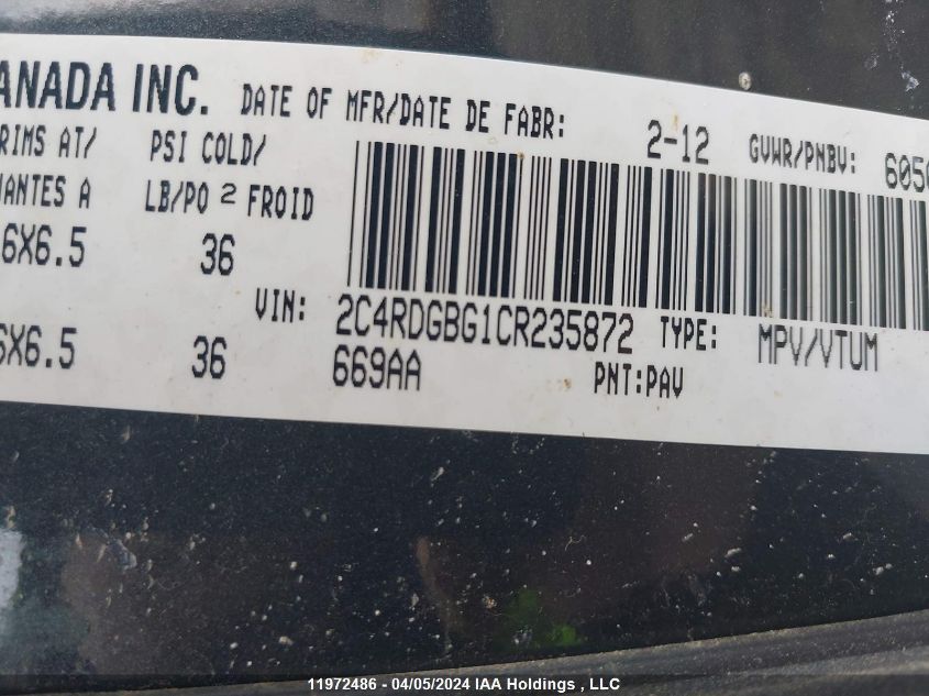 2012 Dodge Grand Caravan Se VIN: 2C4RDGBG1CR235872 Lot: 11972486