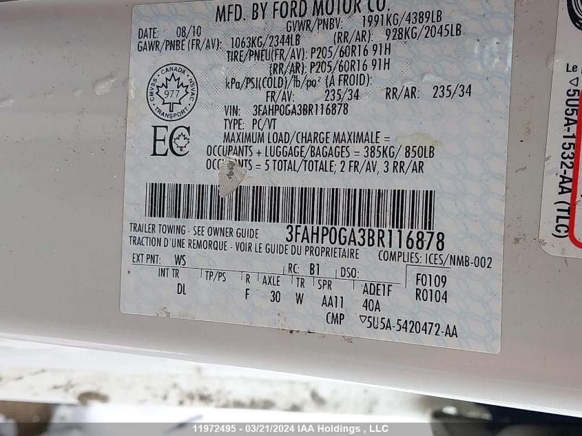 2011 Ford Fusion VIN: 3FAHP0GA3BR116878 Lot: 39240935