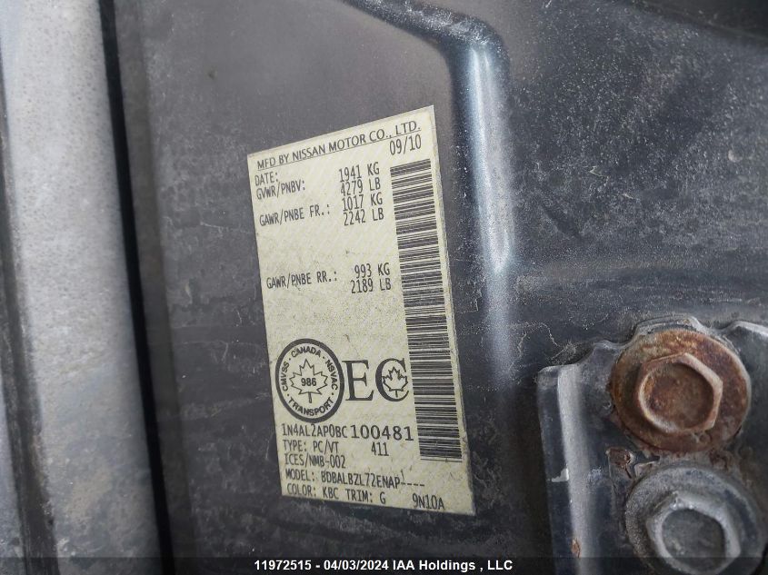 2011 Nissan Altima 2.5 S VIN: 1N4AL2AP0BC100481 Lot: 11972515