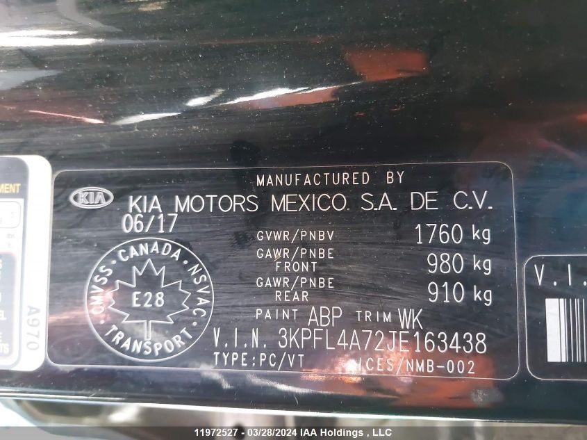 2018 Kia Forte VIN: 3KPFL4A72JE163438 Lot: 11972527