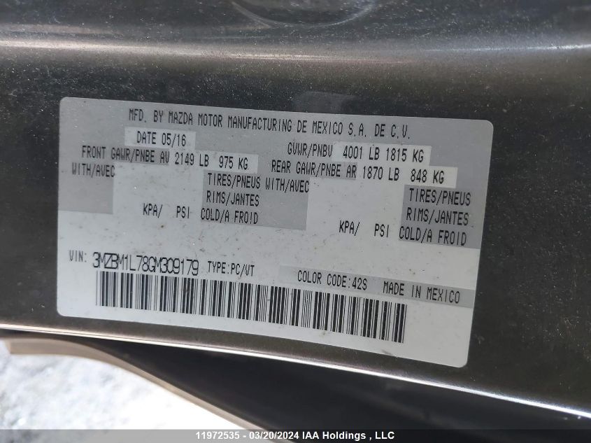 2016 Mazda Mazda3 VIN: 3MZBM1L78GM309179 Lot: 11972535