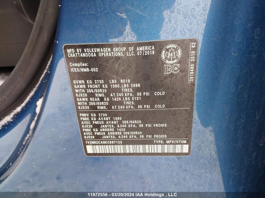 2019 Volkswagen Atlas Sel Premium VIN: 1V2NR2CA6KC587123 Lot: 11972556