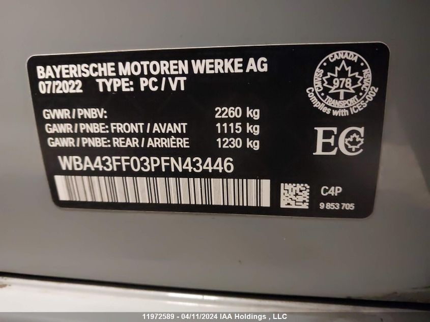 2023 BMW 3 Series M340I xDrive VIN: WBA43FF03PFN43446 Lot: 11972589