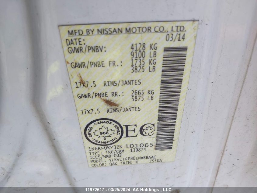 2014 Nissan Nv VIN: 1N6BF0KY3EN101065 Lot: 11972617