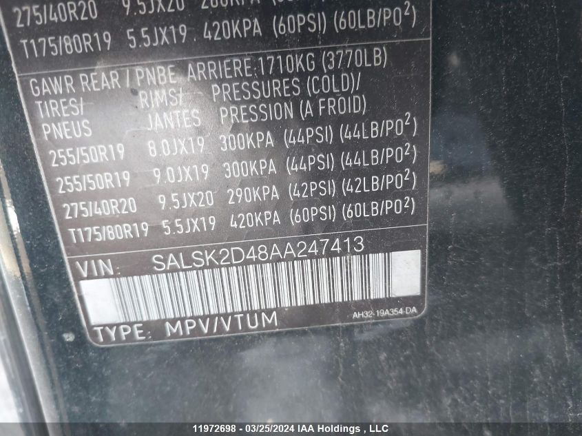 2010 Land Rover Range Rover Sport VIN: SALSK2D48AA247413 Lot: 11972698