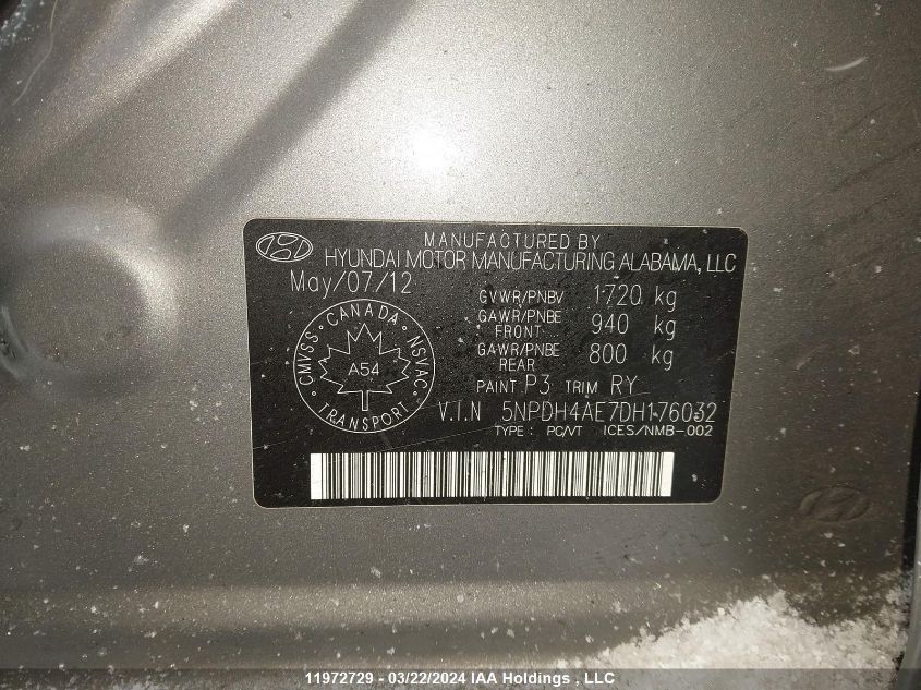 2013 Hyundai Elantra Limited VIN: 5NPDH4AE7DH176032 Lot: 39241393