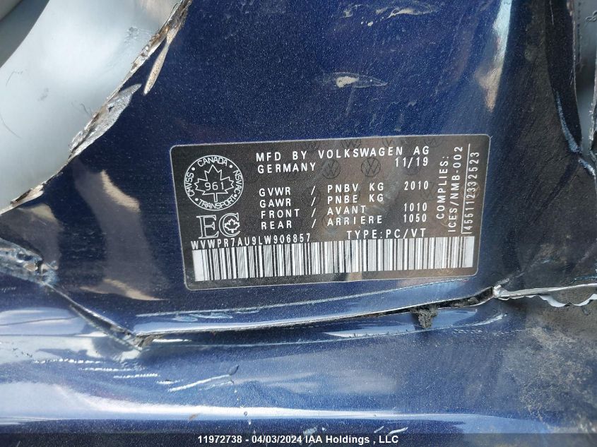 2020 Volkswagen E-Golf VIN: WVWPR7AU9LW906857 Lot: 11972738
