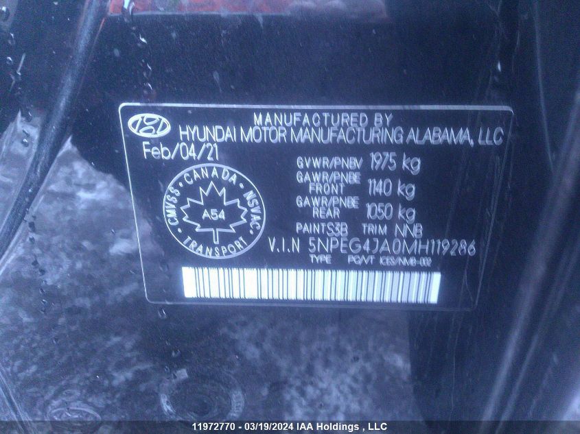 2021 Hyundai Sonata Se VIN: 5NPEG4JA0MH119286 Lot: 11972770