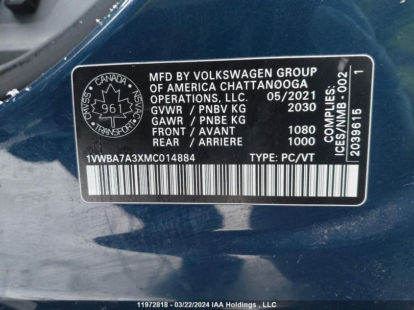 2021 Volkswagen Passat VIN: 1VWBA7A3XMC014884 Lot: 11972818