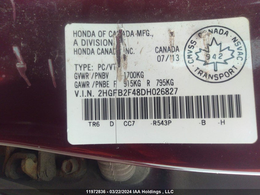 2013 Honda Civic Sdn VIN: 2HGFB2F48DH026827 Lot: 11972836