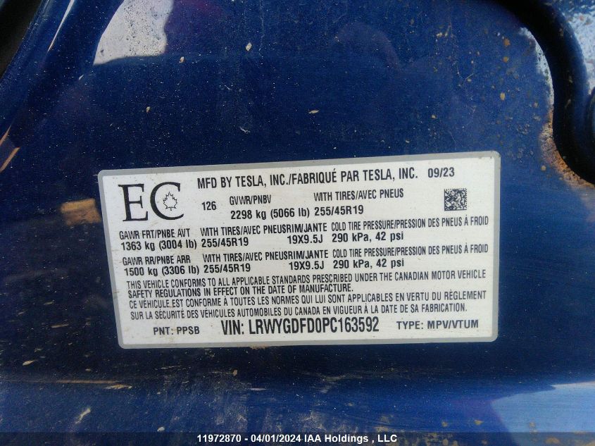 2023 Tesla Model Y VIN: LRWYGDFD0PC163592 Lot: 11972870