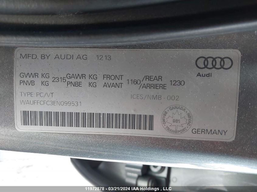 2014 Audi A6 VIN: WAUFFCFC3EN099531 Lot: 11972878