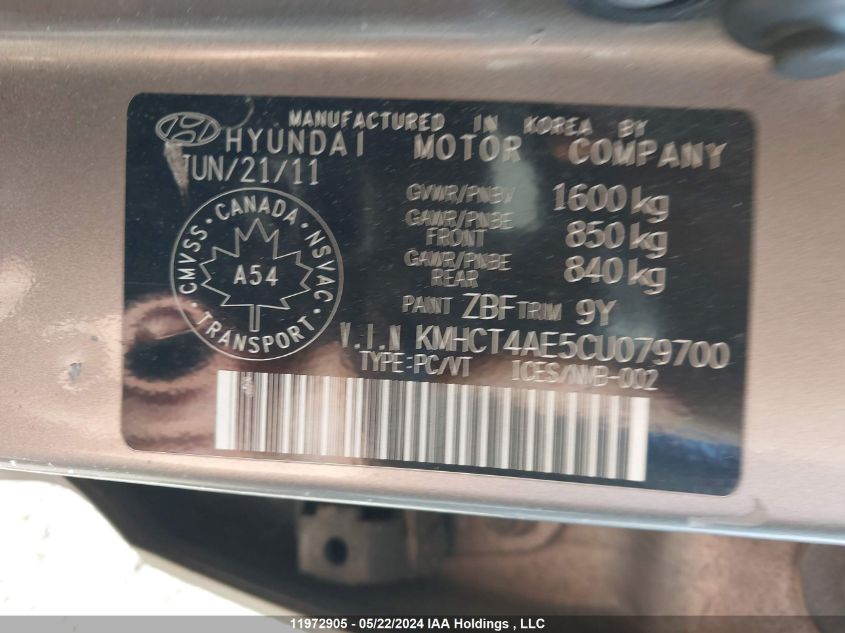 2012 Hyundai Accent Gl VIN: KMHCT4AE5CU079700 Lot: 11972905