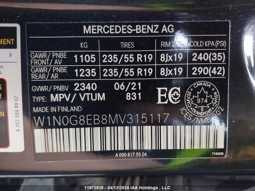 2021 Mercedes-Benz Glc VIN: W1N0G8EB8MV315117 Lot: 11972938