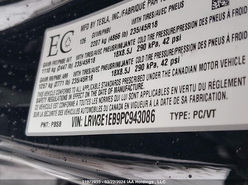 2023 Tesla Model 3 VIN: LRW3E1EB9PC943086 Lot: 11972955